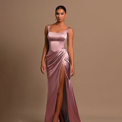 Satin Bodycon Maxi Dress with Square Neck and High Slit