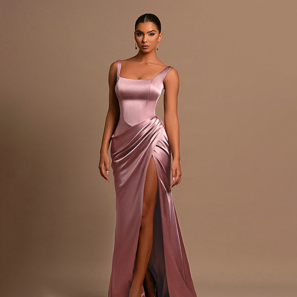 Satin Bodycon Maxi Dress with Square Neck and High Slit
