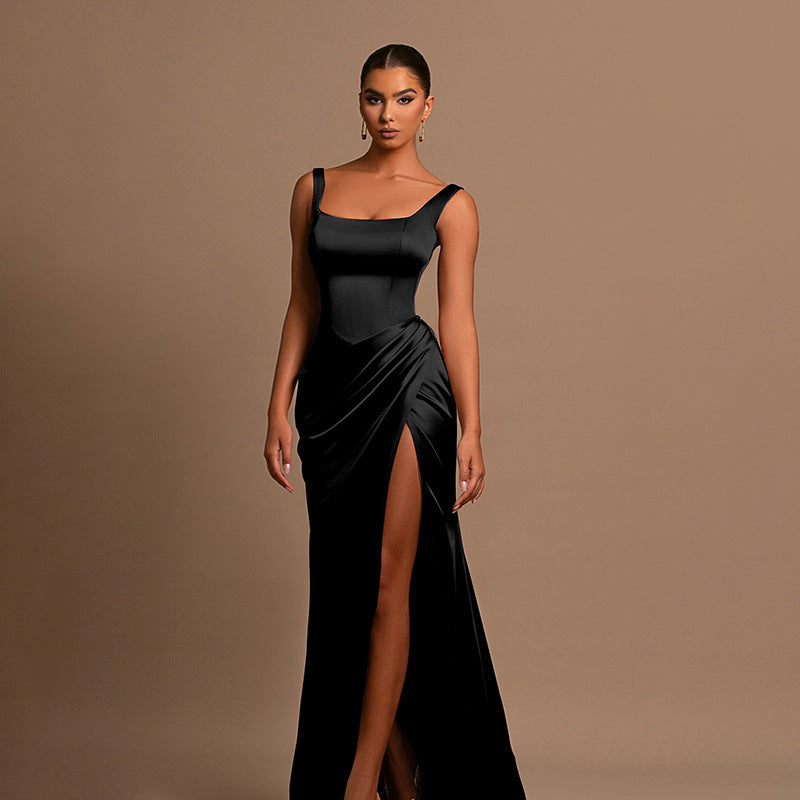 Satin Bodycon Maxi Dress with Square Neck and High Slit
