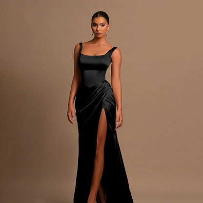 Satin Bodycon Maxi Dress with Square Neck and High Slit