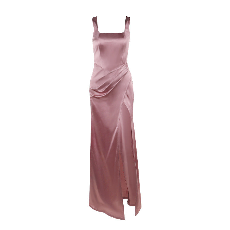 Satin Bodycon Maxi Dress with Square Neck and High Slit
