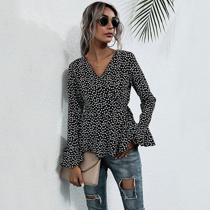 Polka Dot Wrap Top with Bell Sleeves and Peplum Hem
