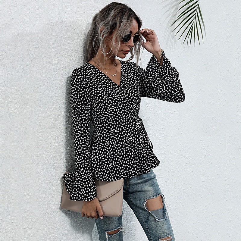 Polka Dot Wrap Top with Bell Sleeves and Peplum Hem