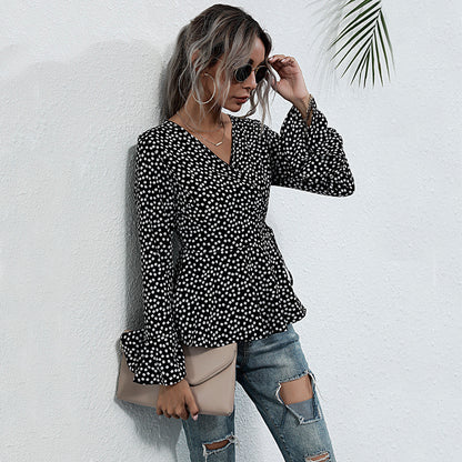 Polka Dot Wrap Top with Bell Sleeves and Peplum Hem