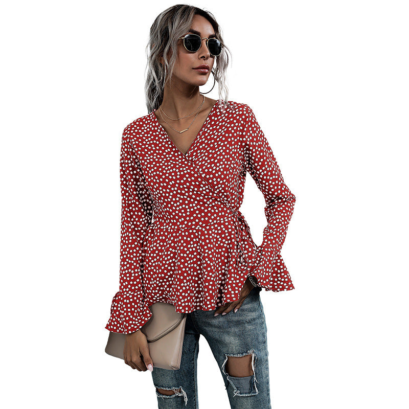 Polka Dot Wrap Top with Bell Sleeves and Peplum Hem