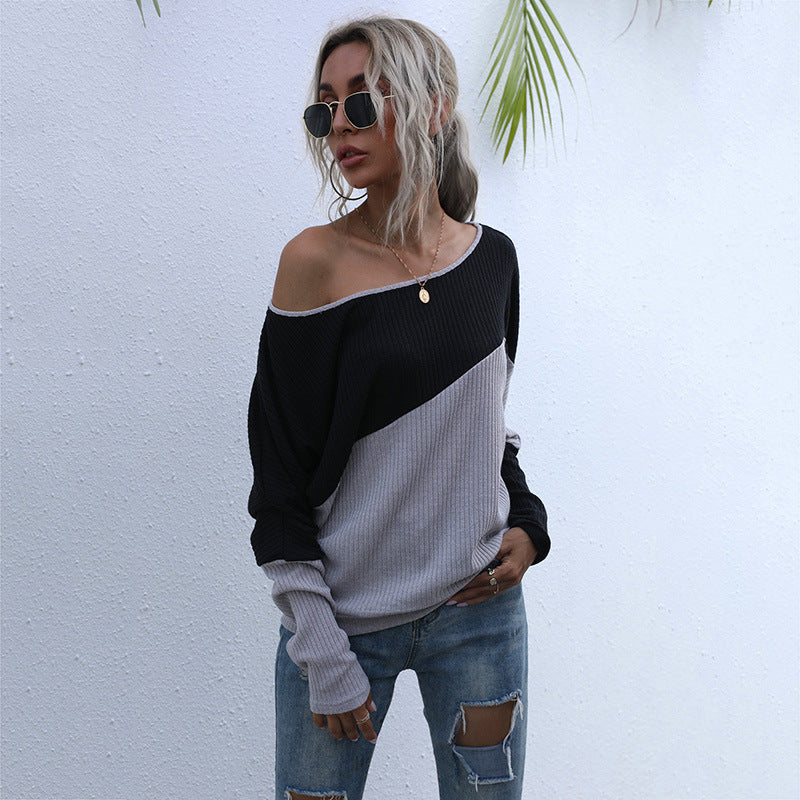 Loose Color-Blocked Knit Top with Off-Shoulder Neckline