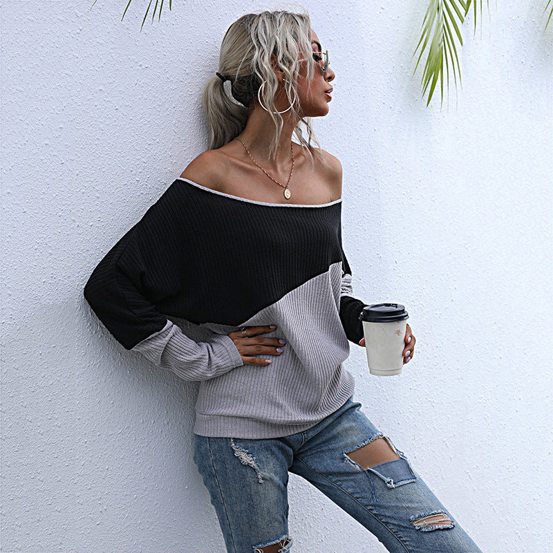 Loose Color-Blocked Knit Top with Off-Shoulder Neckline