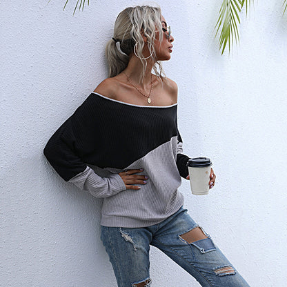 Loose Color-Blocked Knit Top with Off-Shoulder Neckline