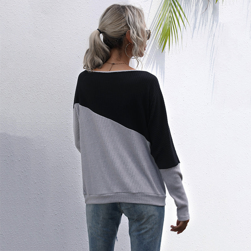 Loose Color-Blocked Knit Top with Off-Shoulder Neckline