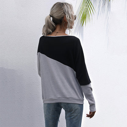 Loose Color-Blocked Knit Top with Off-Shoulder Neckline