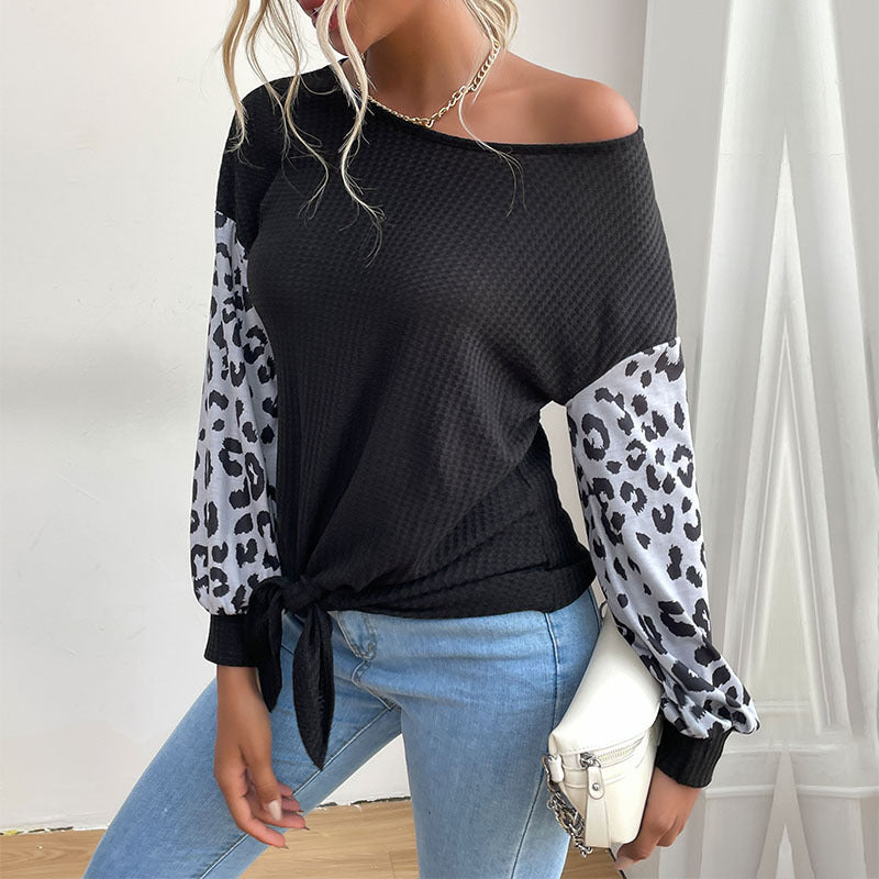 Waffle Knit Pullover with Leopard Patchwork and Tie-Front
