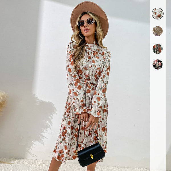 Floral Print Pleated Midi Dress with Mock Neck and Tie Waist