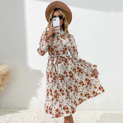 Floral Print Pleated Midi Dress with Mock Neck and Tie Waist