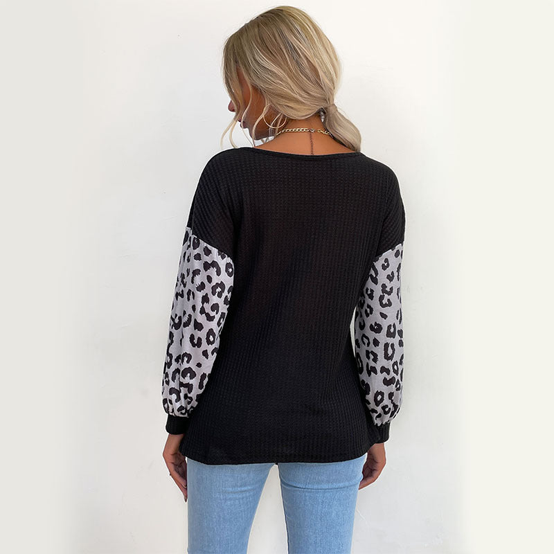 Waffle Knit Pullover with Leopard Patchwork and Tie-Front