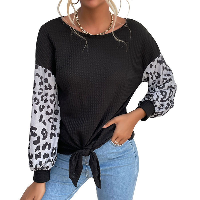 Waffle Knit Pullover with Leopard Patchwork and Tie-Front