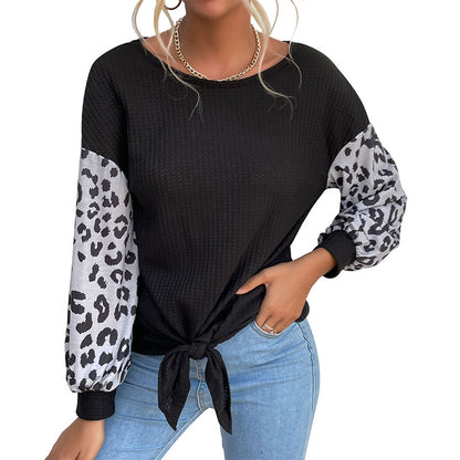 Waffle Knit Pullover with Leopard Patchwork and Tie-Front