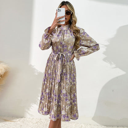 Floral Print Pleated Midi Dress with Mock Neck and Tie Waist