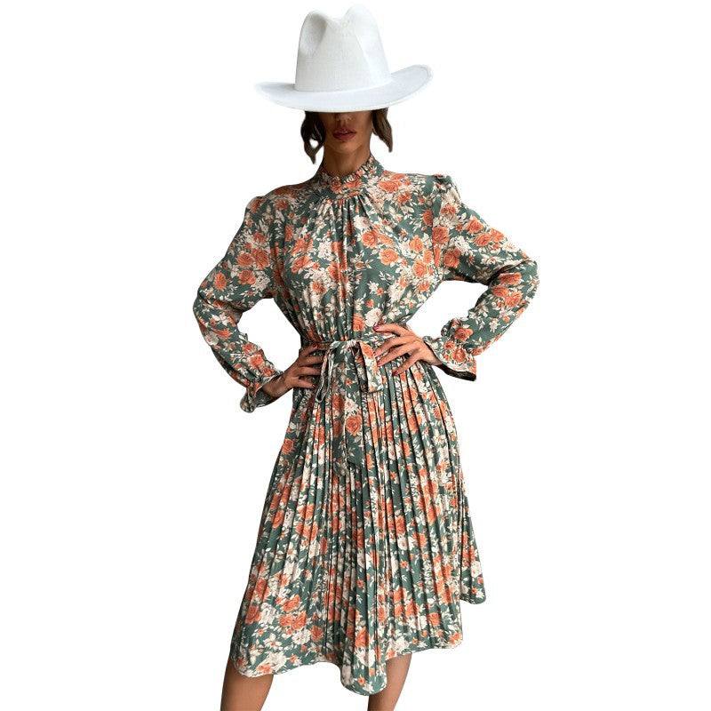 Floral Print Pleated Midi Dress with Mock Neck and Tie Waist