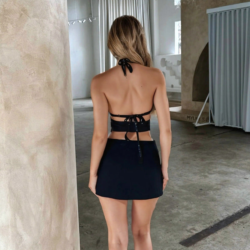 Halter Bodycon Mini Dress with Studded Lace Splicing