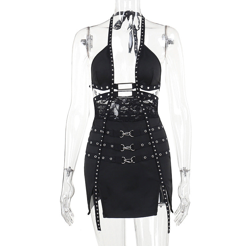 Halter Bodycon Mini Dress with Studded Lace Splicing