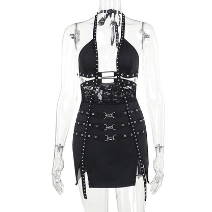 Halter Bodycon Mini Dress with Studded Lace Splicing