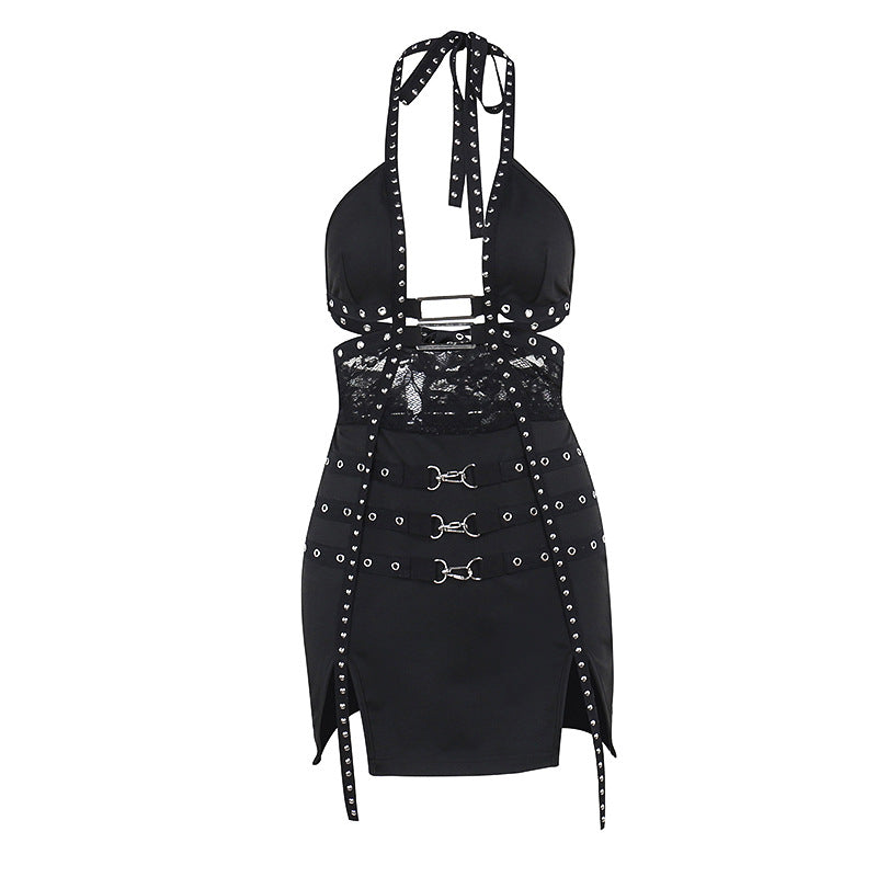 Halter Bodycon Mini Dress with Studded Lace Splicing