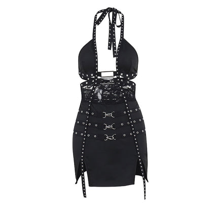 Halter Bodycon Mini Dress with Studded Lace Splicing