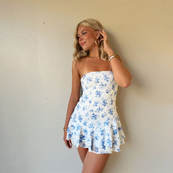 Strapless Floral Mini Dress with Tiered Ruffle Hem