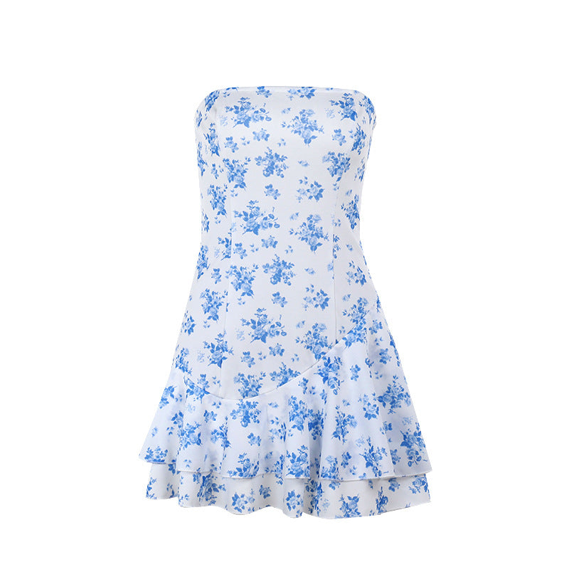 Strapless Floral Mini Dress with Tiered Ruffle Hem