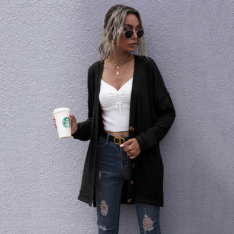 Loose Ribbed Knit Cardigan with V-Neck and Button Front