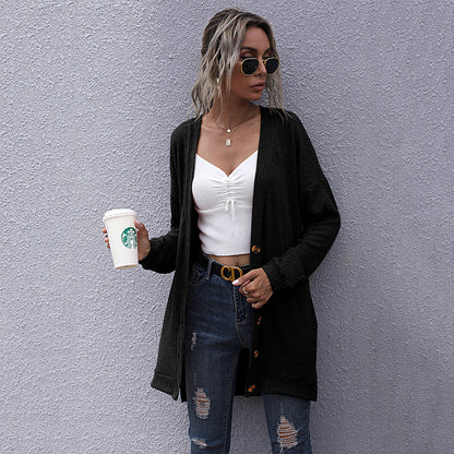 Loose Ribbed Knit Cardigan with V-Neck and Button Front