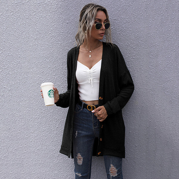 Loose Ribbed Knit Cardigan with V-Neck and Button Front