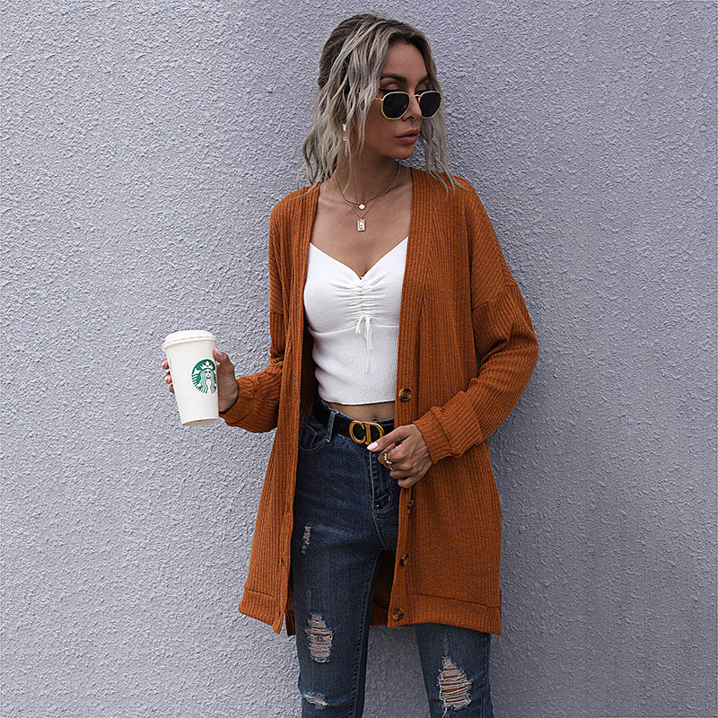 Loose Ribbed Knit Cardigan with V-Neck and Button Front