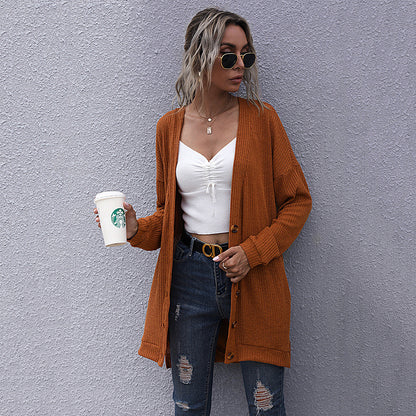 Loose Ribbed Knit Cardigan with V-Neck and Button Front