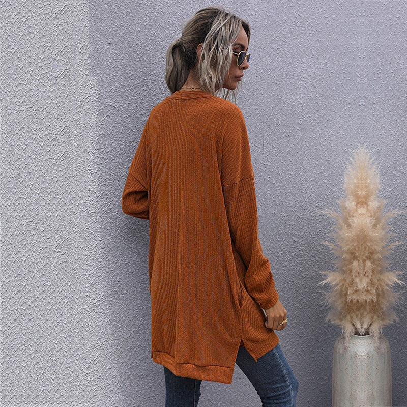 Loose Ribbed Knit Cardigan with V-Neck and Button Front