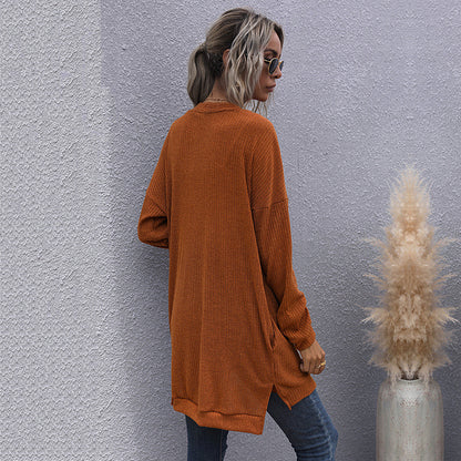 Loose Ribbed Knit Cardigan with V-Neck and Button Front
