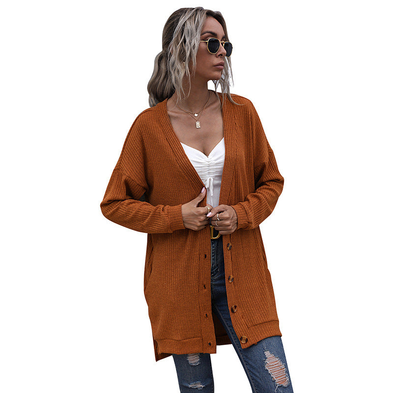 Loose Ribbed Knit Cardigan with V-Neck and Button Front
