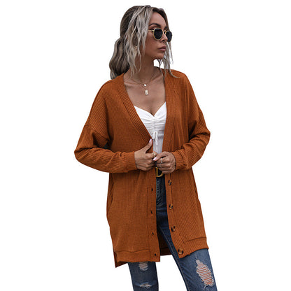 Loose Ribbed Knit Cardigan with V-Neck and Button Front