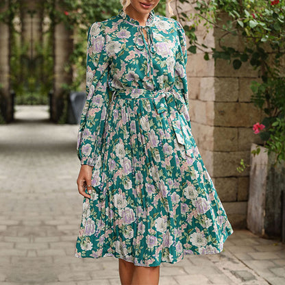 Floral Print Pleated Midi Dress with Ruffled Tie Neck