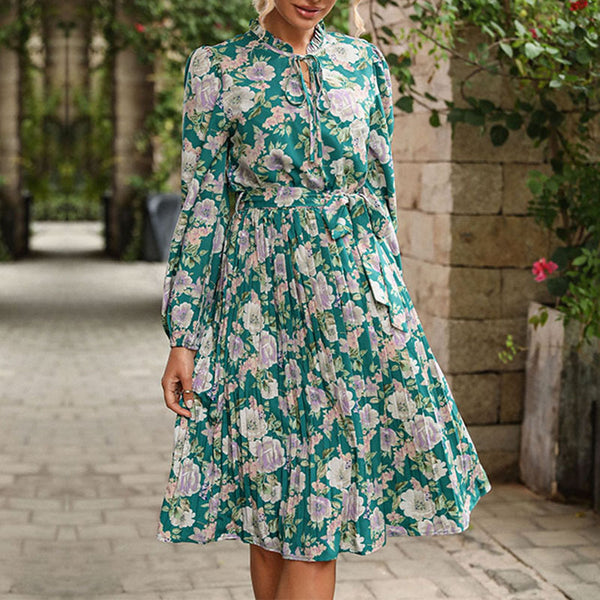 Floral Print Pleated Midi Dress with Ruffled Tie Neck