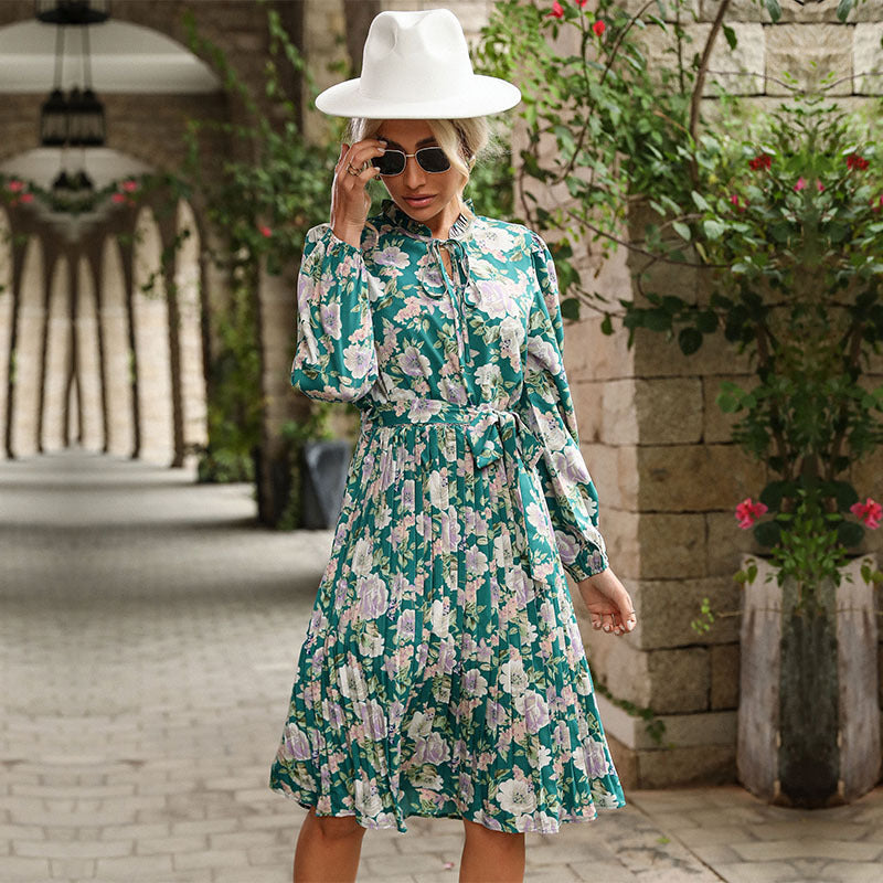 Floral Print Pleated Midi Dress with Ruffled Tie Neck