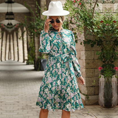 Floral Print Pleated Midi Dress with Ruffled Tie Neck