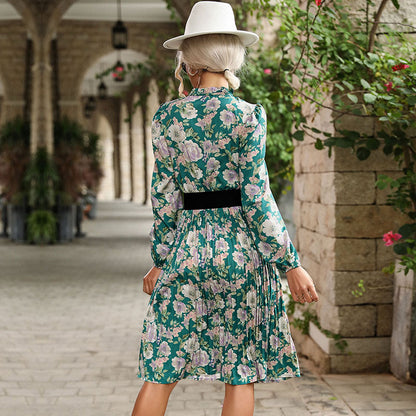 Floral Print Pleated Midi Dress with Ruffled Tie Neck