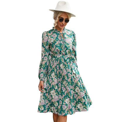 Floral Print Pleated Midi Dress with Ruffled Tie Neck
