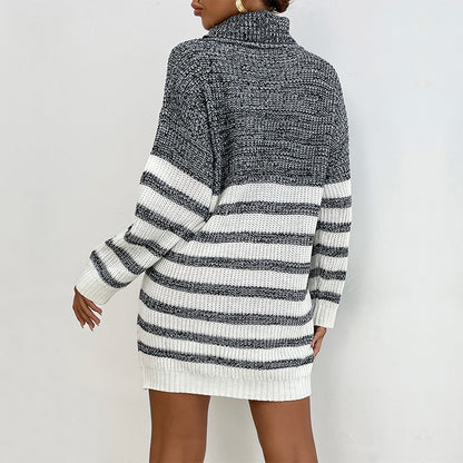 Striped Color-Block Sweater Dress with Turtleneck