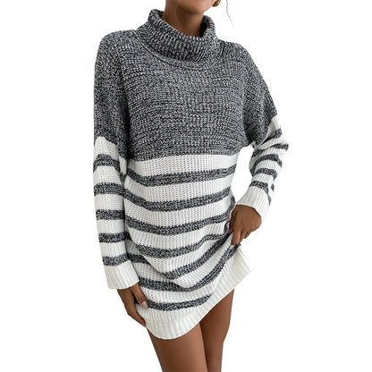 Striped Color-Block Sweater Dress with Turtleneck