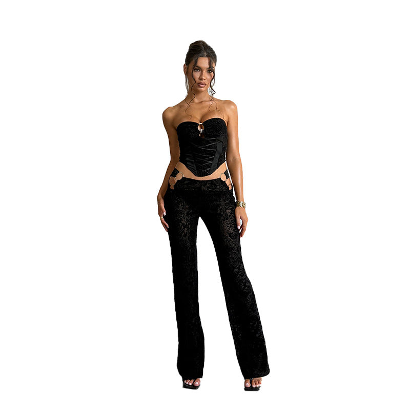 Burnout Velvet Pants Set with Lace-Up Corset and Hip Cutouts