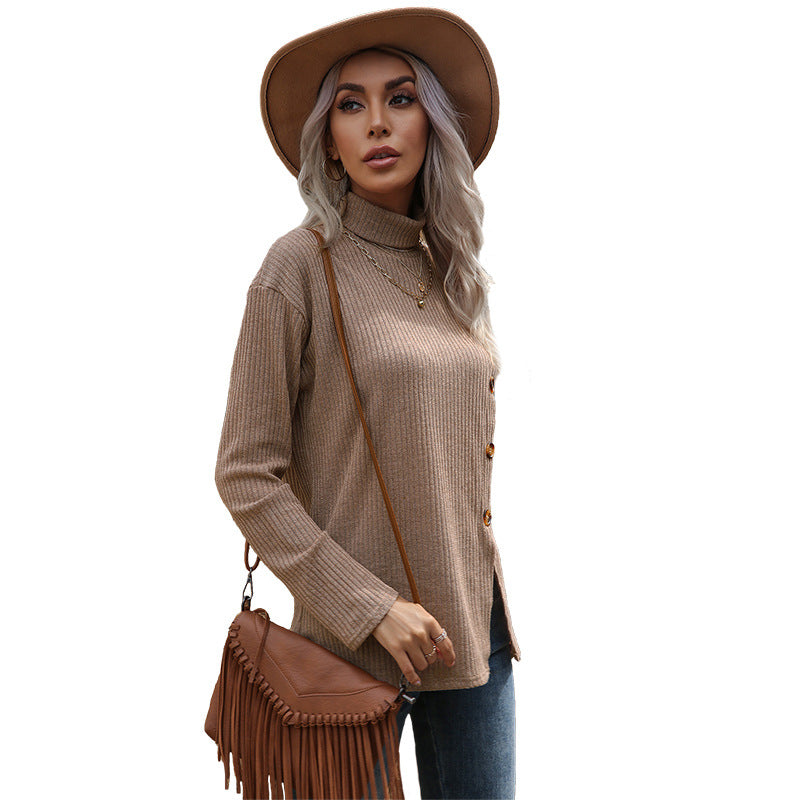 Ribbed Knit Turtleneck Pullover with Side Button Slit
