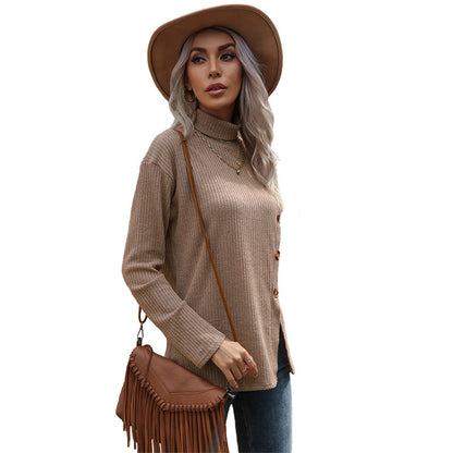 Ribbed Knit Turtleneck Pullover with Side Button Slit