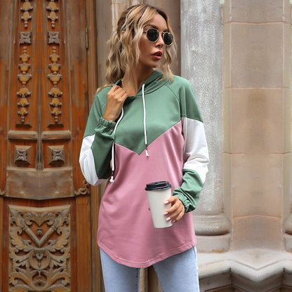 Color-Blocked Pullover Hoodie with Chevron Detail